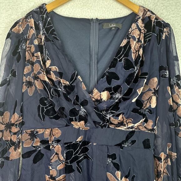 NWT Lulus Dress XL Navy Blue Metallic Floral Velvet Sheer Long Sleeve Whimsygoth - Picture 2 of 14
